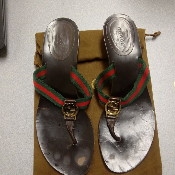 GUCCI BROWN Red/ Green Logo Sandals US 9.5 - Picture 4 of 7